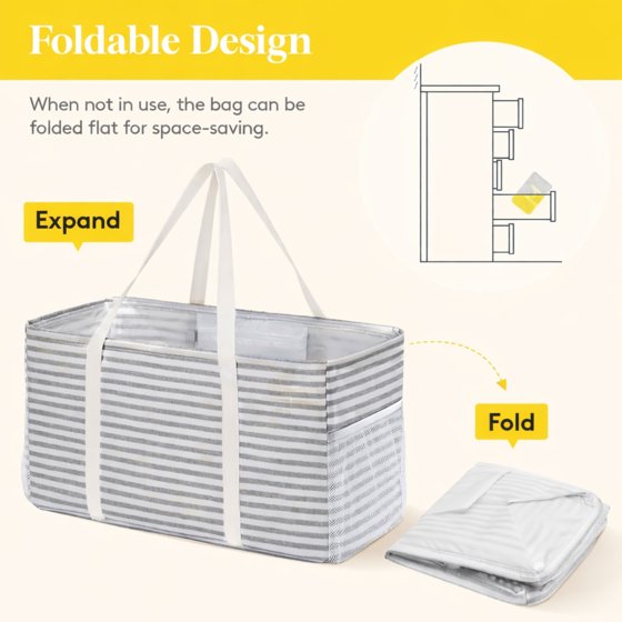 Norcho Extra Large Tote Bag, Reusable Foldable Shopping Bag with Metal Frame and Handles, 46L for Storage, Picnics, Beach, Laundry, Car, Gray