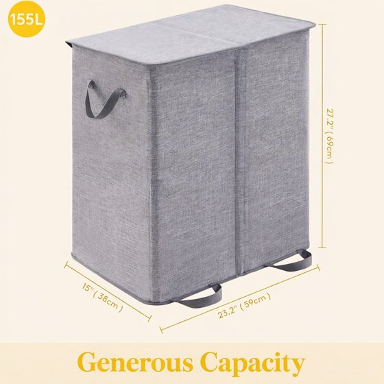Norcho Double Laundry Hamper with Lid and Removable Bags, Large Collapsible 2-Divider Laundry Basket with Handles, 155L, Gray