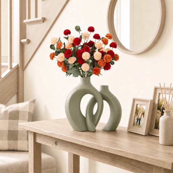 Norcho Mixed Orange Artificial Flower for Vase, 10 Pcs Faux Silk Mum Balls + 2 Eucalyptus Stems, Fake Small Kiku for Floral Arrangement, Pom Pom Centerpiece