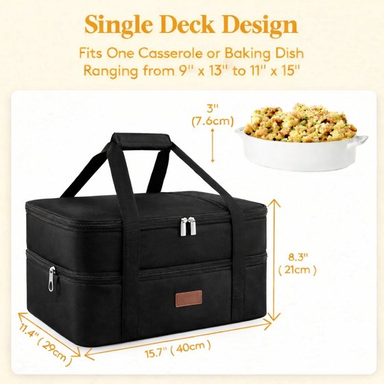 Norcho Insulated Double Decker Casserole Carrier, Lasagna Tote Bag for Hot or Cold Food, Fits 9" x 13" Baking Dish, Black