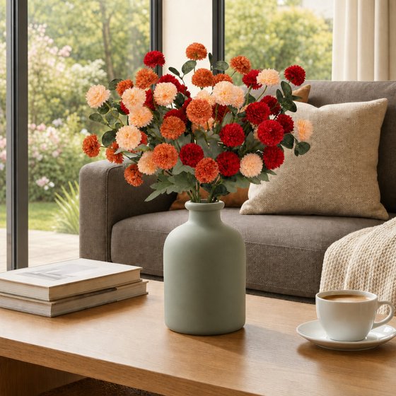 Norcho Mixed Orange Artificial Flower for Vase, 10 Pcs Faux Silk Mum Balls + 2 Eucalyptus Stems, Fake Small Kiku for Floral Arrangement, Pom Pom Centerpiece