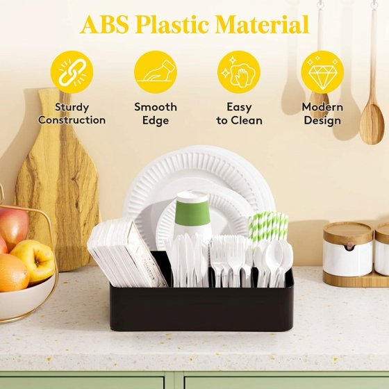 Norcho Paper Plate Organizer and Plastic Silverware Caddy for Kitchen Countertop, 7-Compartment Utensil Holder and Cutlery Dispenser Box