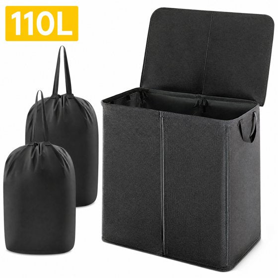 Norcho Double Laundry Hamper with Lid, Divided Laundry Basket with Removable Bags and Handles, Large Separated Clothes Basket, Black