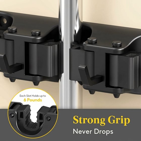 Norcho Wall Mount Mop Broom Holder, Anti-Slip Hanger 5 Slots 6 Hooks Holds 30lbs, Garage Closet Kitchen, Black 2 Pack