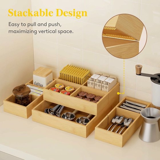 Norcho Adjustable Bamboo Drawer Organizers with 12 Inserts, Stackable Storage Boxes, 10-Pack for Kitchen, Bathroom, Office, Vanity