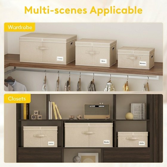 Norcho 34.5L Fabric Storage Bins with Lids Handles, Foldable Decorative Stackable Closet Organizer Beige, 5 Pack