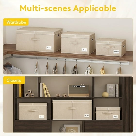 Norcho 21L Fabric Storage Bins with Lids Handles, Foldable Decorative Stackable Closet Organizer Beige, 3 Pack