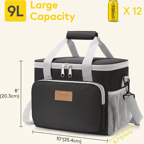 Norcho Insulated Lunch Bag Soft Cooler Tote for Adults, Gray Black 12-Can 9L