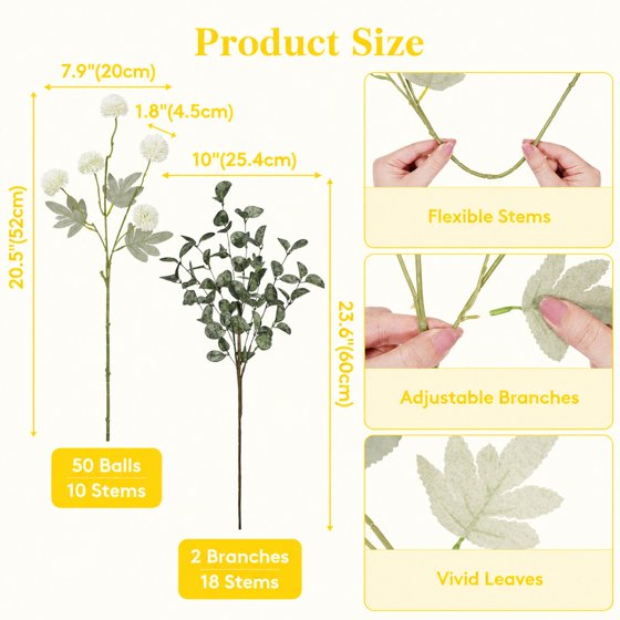 Norcho White Artificial Flower for Vase, 10 Pcs Faux Silk Mum Balls + 2 Eucalyptus Stems, Fake Small Kiku for Floral Arrangement, Pom Pom Centerpiece