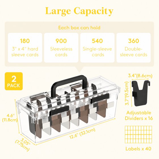 Norcho Trading Card Storage Box for Toploader, Stackable Reinforced Latch Case with 8 Adjustable Dividers, Writable Labels, Organizer for MTG TCG Sports Baseball Cards, 2 Pack
