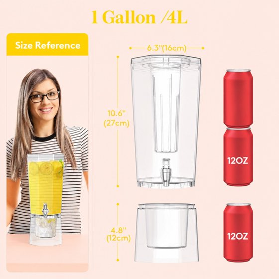 Norcho 1.1 Gallon Drink Dispenser for Parties with Stand and Ice Core, Clear Plastic Beverage Dispenser with Spigot for Juice, Tea, Soda, BPA-Free Lemonade Water Pitcher for Fridge and Events