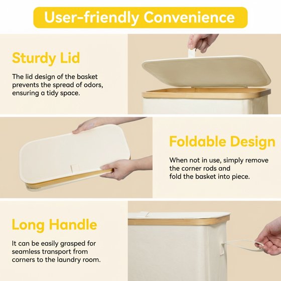 Norcho 65L Slim Laundry Hamper with Lid, Narrow Collapsible Laundry Basket with Removable Bag and Bamboo Handles, White