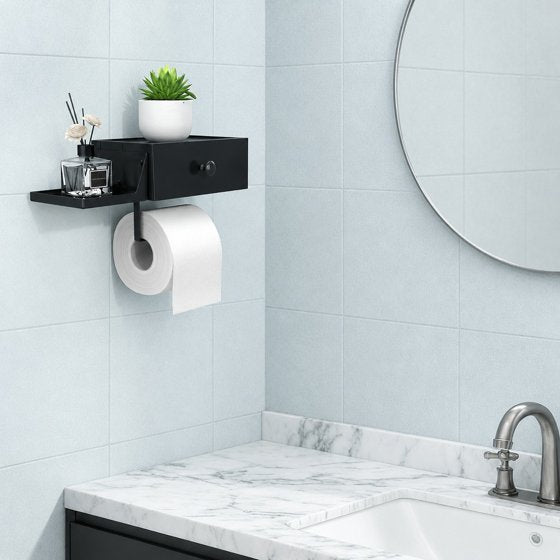 Norcho Toilet Paper Holder with Shelf and Drawer, Wall Mounted Tissue Roll Storage with Adhesive or Screw Installation, Dustproof Bathroom Wipes Dispenser Organizer