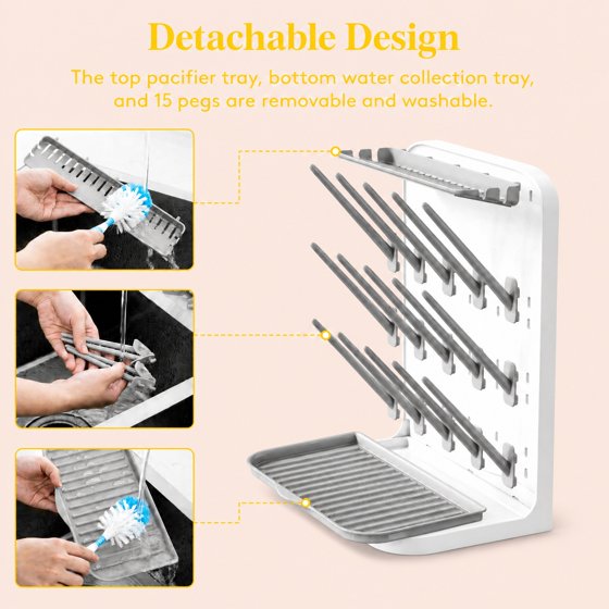 Norcho Large Baby Bottle Drying Rack with 15 Hooks, Newborn Essentials Countertop Organizer, Rack Dryer for Bottles, Pacifiers & Pump Parts