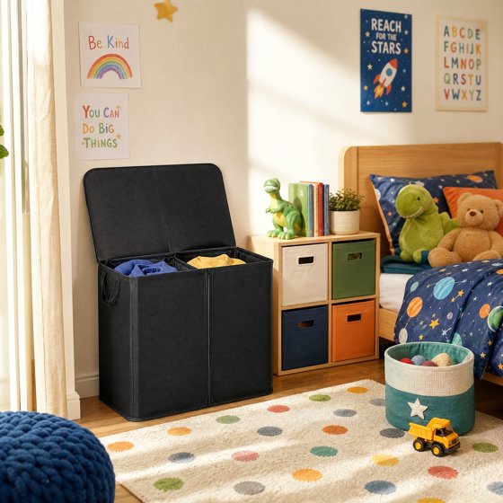 Norcho Double Laundry Hamper with Lid, Divided Laundry Basket with Removable Bags and Handles, Large Separated Clothes Basket, Black