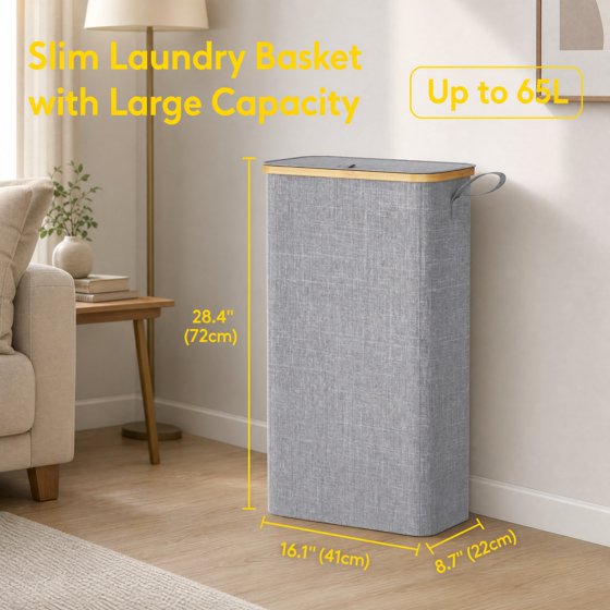 Norcho 65L Slim Laundry Hamper with Lid, Narrow Collapsible Laundry Basket with Removable Bag and Bamboo Handles, Light Gray