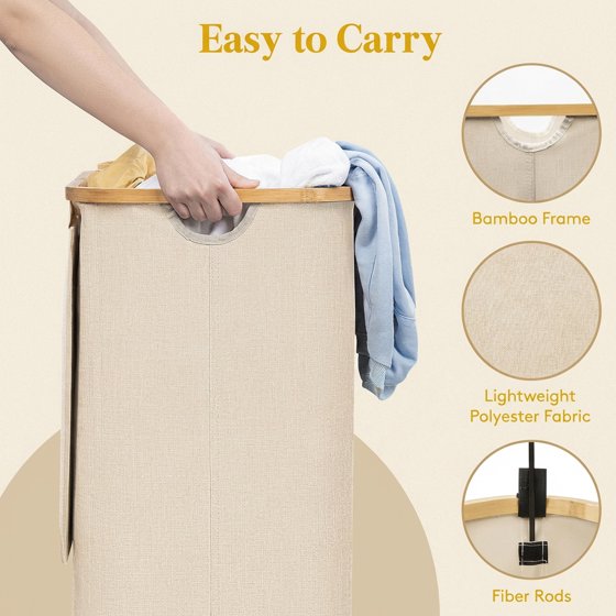 Norcho 100L Laundry Basket with Lid, Large Foldable Laundry Hamper with Bamboo Handles and Removable Bag, Beige (5.0) | 3 ratings