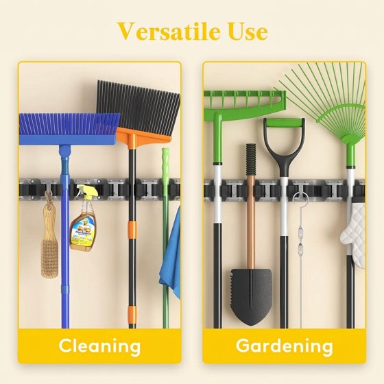 Norcho Wall Mount Mop Broom Holder, Anti-Slip Hanger 5 Slots 6 Hooks Holds 30lbs, Garage Closet Kitchen, Gray 2 Pack