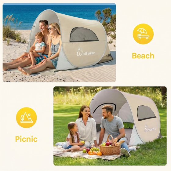 Norcho 87x57x47" Pop Up Beach Tent UPF50+ Sun Shelter, Instant Shade Canopy for 3 Person, Beige