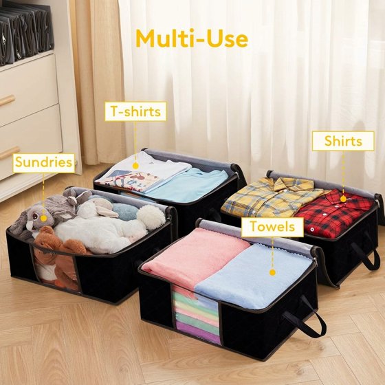 Norcho 6 Pack Clothes Storage Bag Foldable Bin with Reinforced Handle, Clear Window, Sturdy Fabric for Clothing Bedding, Black