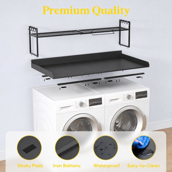 Norcho Washer Dryer Countertop with Adjustable Shelf, Melamine Laundry Room Organizer Top with Edge Rails and Towel Rack for Storage and Organization, Black