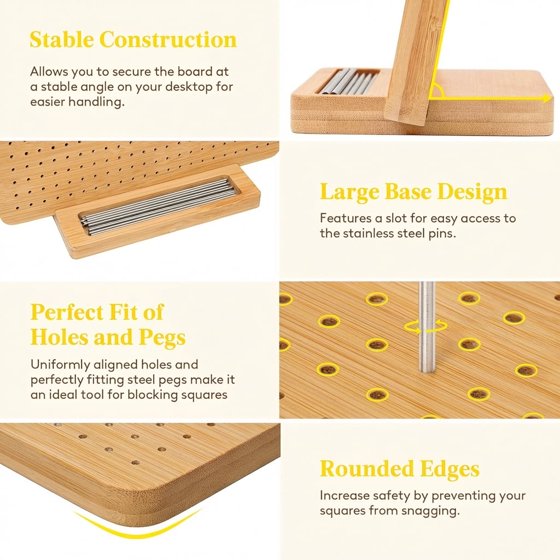 Norcho 11.8" Bamboo Crochet Blocking Board with 20 Pegs, Granny Square Mats for Knitting and Crocheting Projects