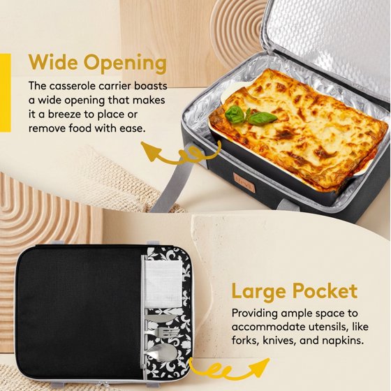 Norcho Insulated Double Decker Casserole Carrier, Expandable Lasagna Tote Bag for Hot or Cold Food, Fits 9" x 13" Baking Dish, Black-Flowers