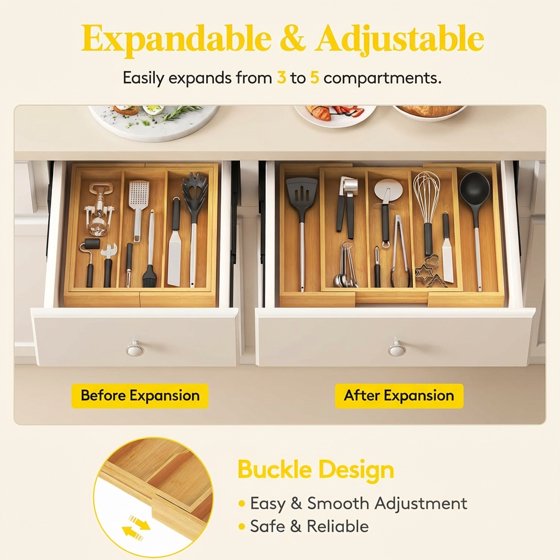 Norcho Utensil Organizer for Kitchen Drawer, Expandable Bamboo Cutlery and Flatware Tray, Adjustable Cooking Utensil and Spatula Holder, 13–22 × 15 Inches