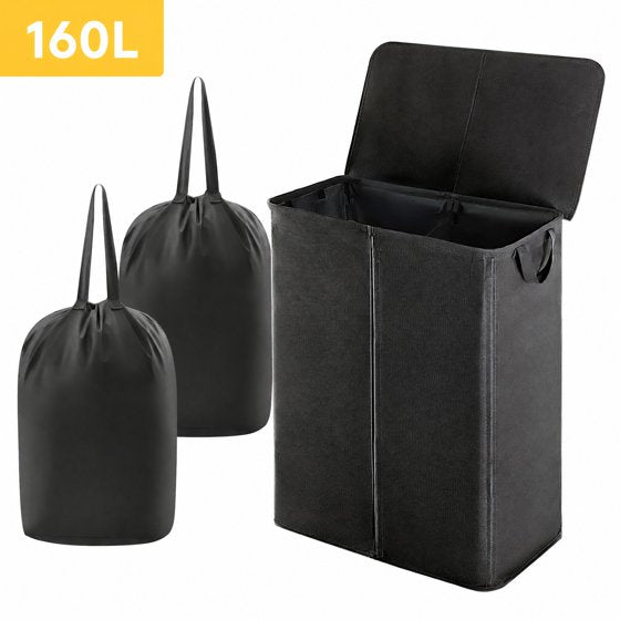 Norcho 160L Double Laundry Hamper with Lid, Divided Laundry Basket with Removable Bags and Handles, Large Separated Clothes Basket, Black