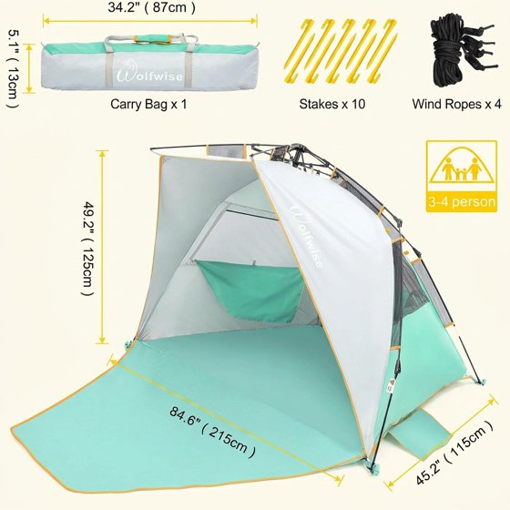 Norcho 85x45x49" Instant Beach Tent with Zip Extendable Porch, Pop Up Sun Shade for 3-4 Person, Mint Green