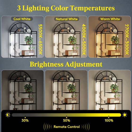 Norcho Arched Geometric LED Display Shelf with Adjustable Color Temperature & Brightness Control, Etagere Bookshelf with Metal Frame & Wood Shelves for Living Room, Bedroom & Curio Display, Black