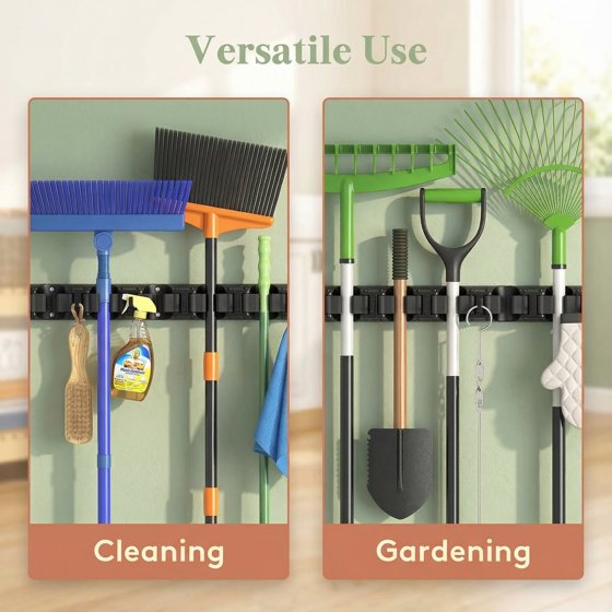 Norcho Wall Mount Mop Broom Holder, Anti-Slip Hanger 5 Slots 6 Hooks Holds 30lbs, Garage Closet Kitchen, Black 1 Pack
