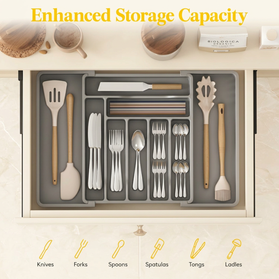 Norcho Expandable Utensil Organizer Drawer, Adjustable Cooking Silverware Tray, Plastic Spatula Tools Divider 13-22.4"x15" Gray