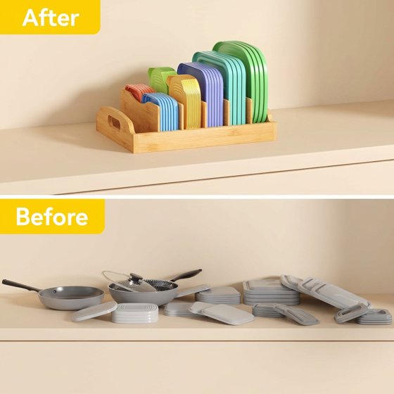 Norcho Bamboo Lid Organizer for Cabinet, Adjustable Food Storage Container Lid Holder with 5 Inserts and 6 Compartments, 13.2" x 10" for Kitchen Pantry Organization