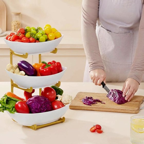 Norcho Plastic Fruit Bowl Basket for Kitchen Countertop, 3-Tier Fruit Holder with Glod Metal Stand, Serving Tray for Fruits, Vegetables, Cakes, and Desserts for Parties