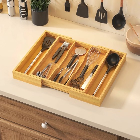 Norcho Utensil Organizer for Kitchen Drawer, Expandable Bamboo Cutlery and Flatware Tray, Adjustable Cooking Utensil and Spatula Holder, 13–22 × 15 Inches