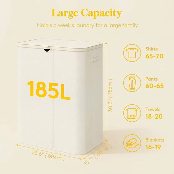 Norcho 185L 3-Section Laundry Hamper with Lid, Bamboo Handles Removable Bags Foldable Basket, White