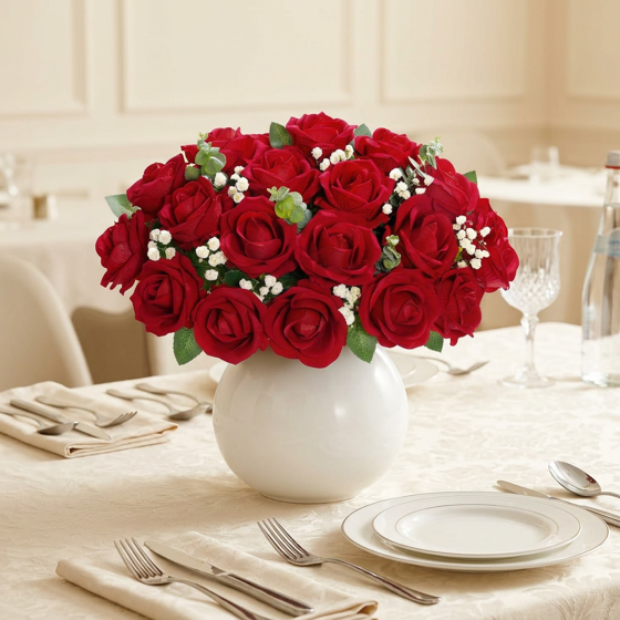 Norcho 50 Pcs Red Artificial Roses Bulk, Fake Long Stem Silk Flowers for DIY Wedding Bouquets Centerpieces Valentine Decor