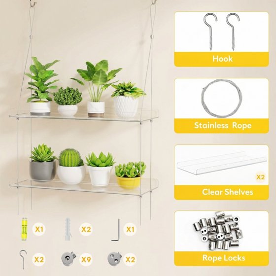 Norcho 3-Tier Window Plant Shelves, 15-Inch Acrylic Adjustable Hanging Floating Shelf, Window Sill Extender for Indoor Succulents, Microgreens, Seed Starter Pots, and Herb Planters