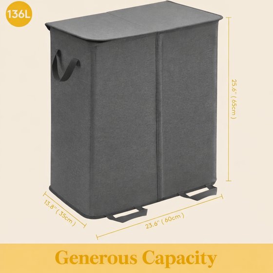 Norcho Double Laundry Hamper with Lid and Removable Bags, Large Collapsible 2-Divider Laundry Basket with Handles, 136L, Black