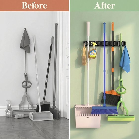 Norcho Wall Mount Mop Broom Holder, Anti-Slip Hanger 5 Slots 6 Hooks Holds 30lbs, Garage Closet Kitchen, Black 1 Pack