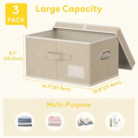 Norcho 21L Fabric Storage Bins with Lids Handles, Foldable Decorative Stackable Closet Organizer Beige, 3 Pack