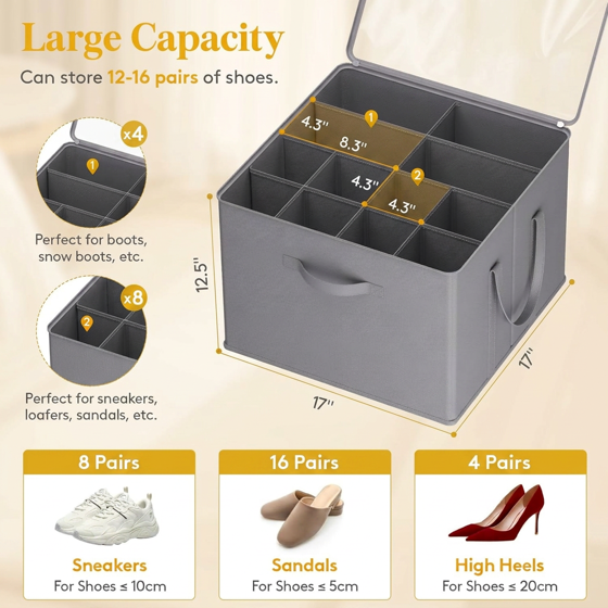 Norcho Shoe Storage Organizer for Closet, Large Fabric Box with Clear Cover, Foldable, Fits 12-16 Pairs Boots/Heels/Sneakers, 1 Pack Gray