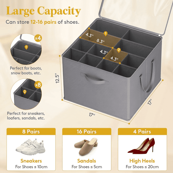 Norcho Closet Shoe Storage, 3 Large Fabric Boxes with Clear Covers, Foldable, Fits 36-48 Pairs (12-16 Each) Boots/Heels/Sneakers, Gray