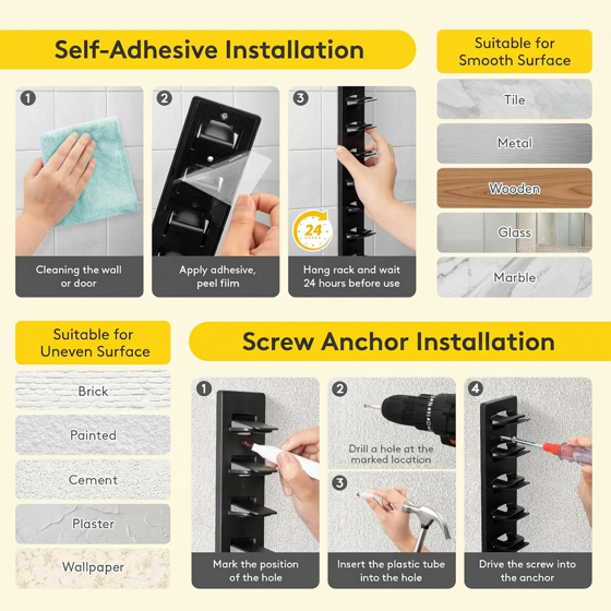 Norcho Hat Organizer Baseball Caps, Holds 10, Wall Mount Over Door Rack Dual Install Nails Adhesive, Black 1-Pack