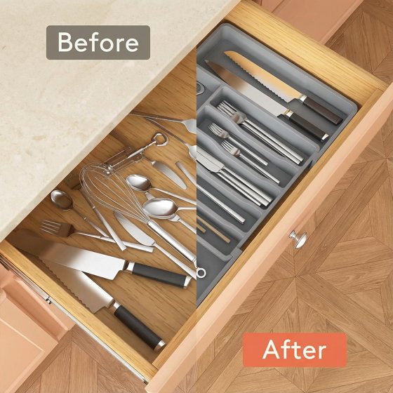 Norcho Silverware Drawer Organizer, Expandable Utensil Tray for Kitchen, Cutlery and Flatware Holder, Adjustable Storage for Spoons, Forks and Knives, 13–22 x 15", Gray