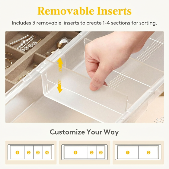 Norcho Sliding Makeup Drawer Organizer, Fits 13-20" Deep, Extendable Hanging Divider 1.8" High Tray Vanity Office Kitchen Translucent 2Pcs