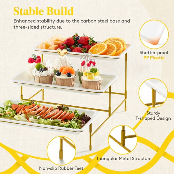 Norcho 3 Tier Serving Tray, White Plastic Tiered Food Serving Platters with Collapsible Gold Metal Stand, 12" x 6.5"