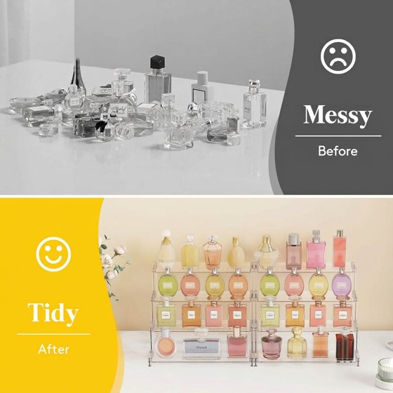 Norcho 4-Tier Clear Display Riser Stand with Decorative Secure Fences, Tool-Free Assembly, 12-Inch Plastic Perfume Organizer for Figures, Cupcakes, Desserts, 1-Pack