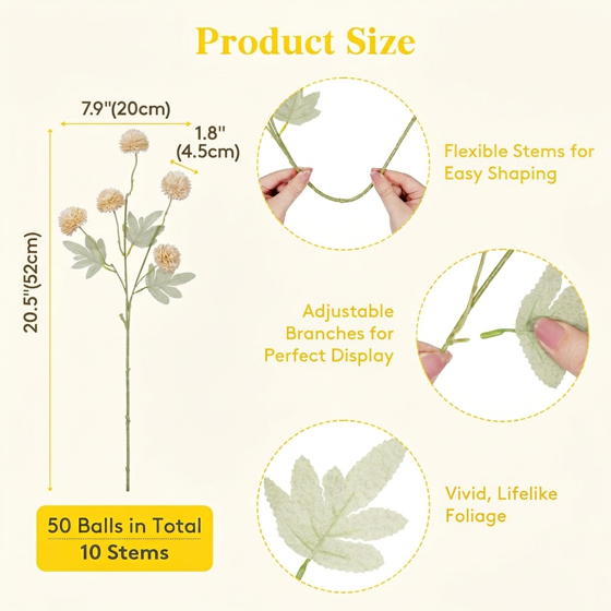Norcho 10 Pcs Beige Artificial Silk Mums Ball Flowers Long Stems, Fake Chrysanthemums Pom Pom for Vase Home Wedding Decor